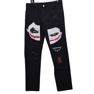 Jeans Joker Distressed Denim Mens 34 Black Streetwear Punk Goth Skater Grunge